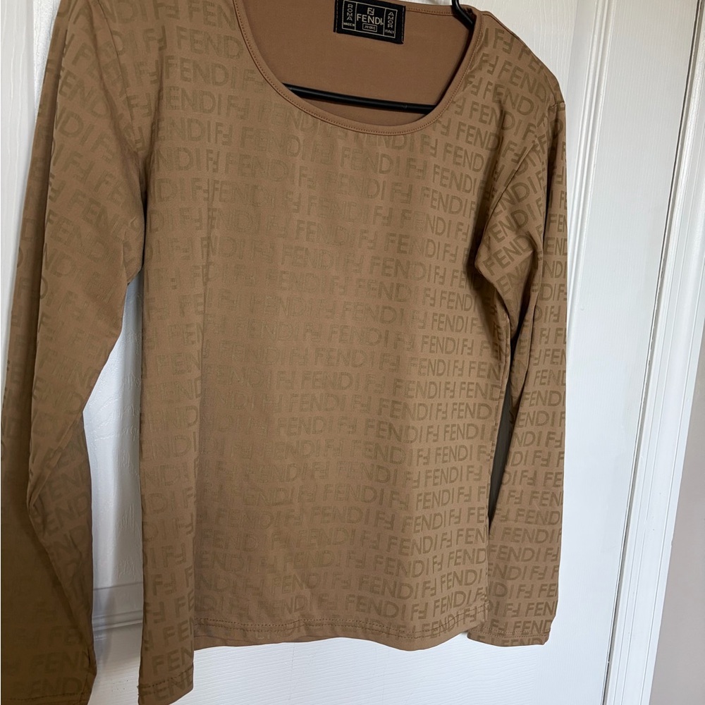 Fendi Long Sleeve Logo Tee in Camel